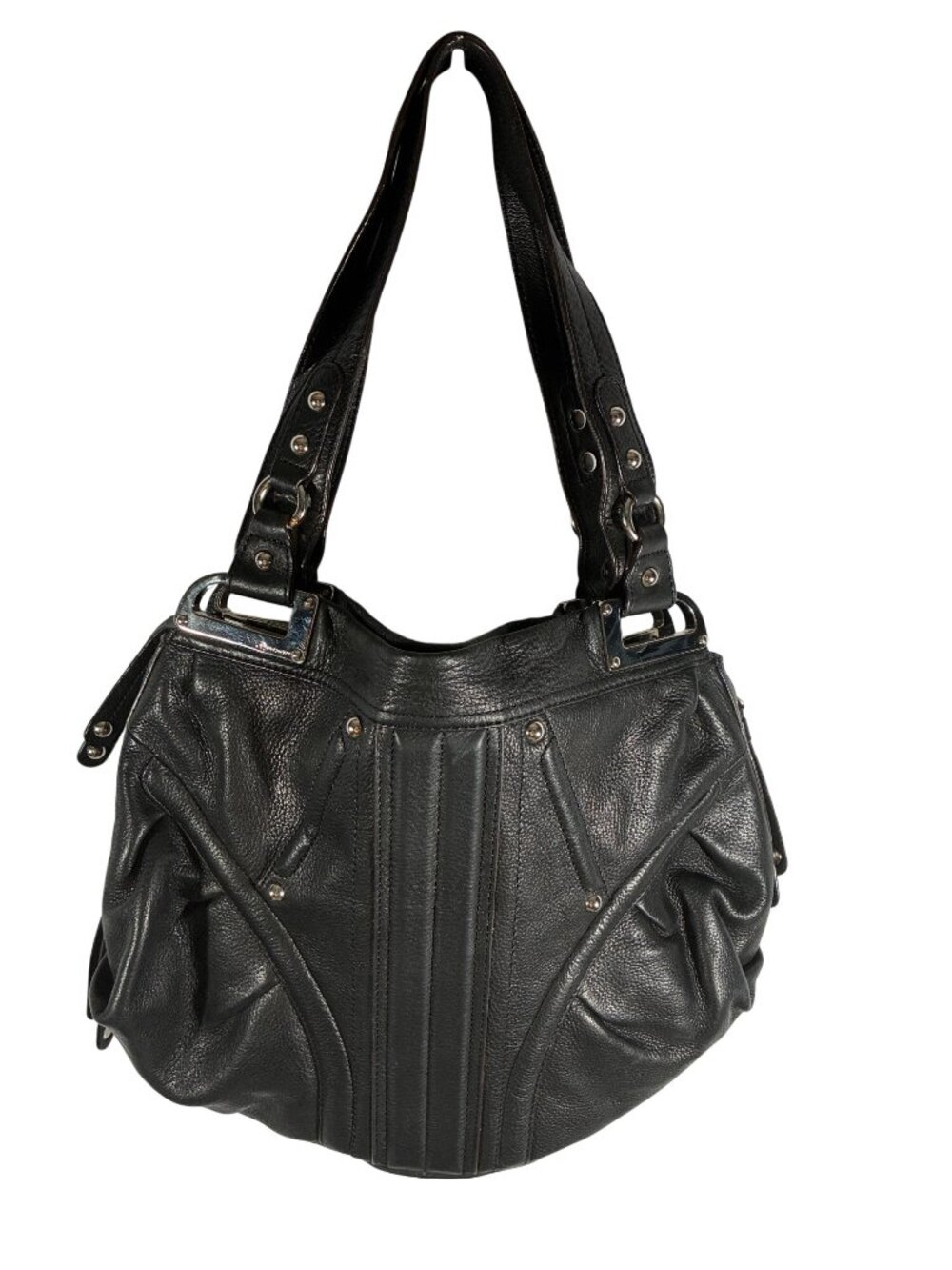B. Makowsky Black Genuine Leather Shoulder Bag With Leopard Print Lining And Sil - Picture 4 of 13